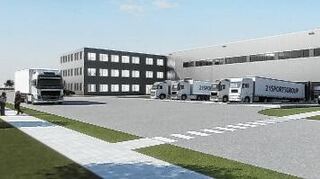 <p>Blick aus der (gedachten) Verlängerung der Vorpommernstraße auf das erste Hallensegment und die Büroflächen im quadratischen Anbau links.</p>