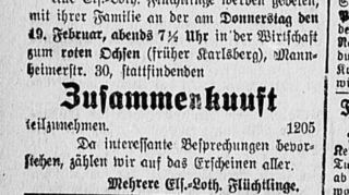 „Zum Roten Ochsen“: Treffen der elsässisch-lothringischen Flüchtlinge. Eine Annonce vom 17. Februar 1920.