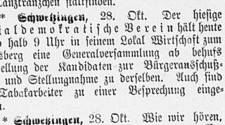 Diese Kleinanzeige aus dem Archiv dieser Zeitung stammt vom 28. Oktober 1893. Ein Sozialdemokratischer Verein hält im „Gasthaus Karlsberg“ eine Versammlung ab.
