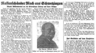 Dieser Artikel über den damaligen Verleger der Schwetzinger Zeitung, Albert Moch, erschien am 23. Juni 1935 im Nazi-Hetzblatt „Stürmer“. Jetzt war die Seite Teil einer Ausstellung in Berlin.