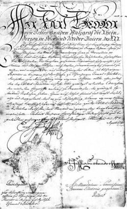 Mit dieser Urkunde genehmigte Kurfürst Carl Theodor im Jahr 1780 die Eröffnung der Hof-Apotheke in unmittelbarer Nähe zum Schloss.