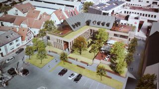 So könnte das umgestaltete Gebäude nach der Machbarkeitsstudie von Architekt Jürgen Mayer einmal aussehen: das Rothacker’sche Haus (graues Dach), erweitert um zwei moderne Anbauten und einem neuen Außenbereich.