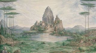 Der großformatige Blickfänger „Das Tal der Hirten“ zeigt einen mystischen Kristalltempel und ist reich an Details.
