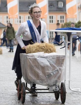 Spargelprinzessin Anna I. schiebt den Heuballen zurück.