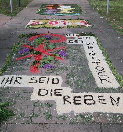 „Ich bin der Weinstock, ihr seid Reben.“ Unter der Regie von Tamara Gaa hat ein kleines Team den kunstvollen Teppich aus Blumenspenden gelegt.