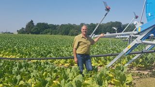 Rolf Hallwachs steht auf einem seiner vielen Felder, auf denen er neben Spargel und Getreide auch Tabak anbaut. Die Beregnungs-anlage versorgt die Felder mit Wasser.
