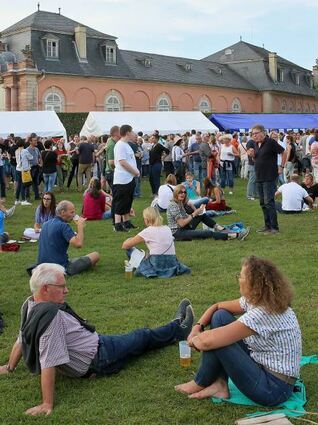 Entspannte Atmosphäre: Viele Besucher warten im Gras sitzend aufs Konzert.