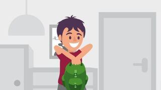 Im Stand greift ihr wieder euren Rucksack an der oberen Schlaufe und zieht ihn mit gebeugten hohen Ellenbogen bis unter das Kinn – je schwerer das Gewicht des Rucksacks, desto intensiver das Work-out.