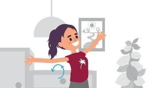 Wir bleiben aufrecht stehen, strecken die Arme seitlich etwa auf Schulterhöhe aus und lassen die Arme rotieren, so dass entweder die Handflächen oder die Handrücken nach oben zeigen.