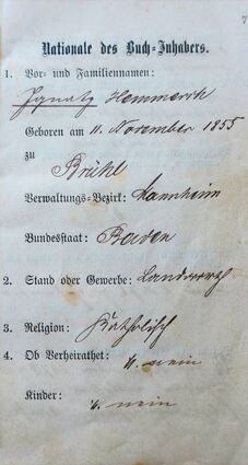 Schönes historisches Dokument aus dem Familienfundus der Hemmerichs: Ignaz Hemmerich wird am 11. November 1855 in Brühl geboren.