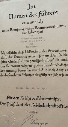 August Neumann wird in das Beamten-verhältnis unter Adolf Hitler berufen.