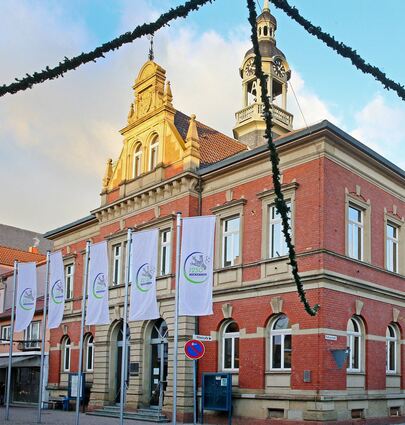 Die Jubiläumsfahnen zur Feier 1250 Jahre Hockenheim wehten 2019 vor dem Rathaus. Auch 2021 wird vor dem Verwaltungs-gebäude wieder beflaggt – nur die Zahlen an den Ortseingängen kommen weg.