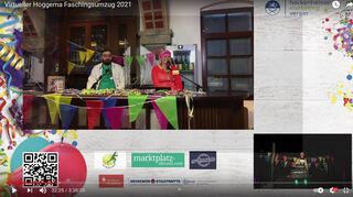 Cihad Baz und Sarah Nieder haben es sich im Pumpwerk gemütlich gemacht und moderieren von dort aus den närrischen Umzug, der von bis zu 4000 Menschen im Netz verfolgt wurde.