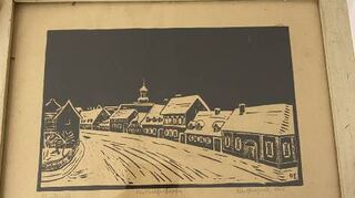 Die früheste erhaltene Arbeit von Otto Eberhardt, ein Linolschnitt von 1950, zeigt einen Blick in die Karlsruher Straße.