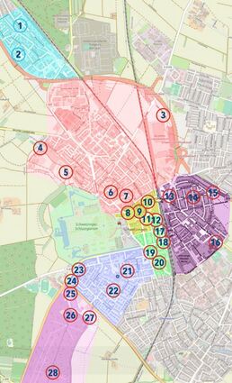 Das ist der Plan mit den 28 Stationen der Stadtrallye. Sie reichen vom Hirschacker (oben) bis in den Sternalleewald im Südwesten (unten).