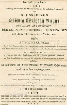 Grundsteinlegungsurkunde des neuen Gebäudes von 1821.