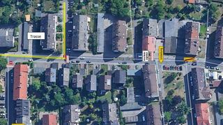 Wegen Leitungsarbeiten (gelbe Linie oben links) der Stadtwerke gibt’s ab 12. April Teilsperrungen im Bereich Berliner Straße und Grenzhöfer Straße. Die Umleitung führt dann über den Berliner Platz und die Breslauer Straße.