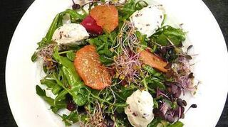 Bunter Auftakt: Salat mit Grapefruit und Frischkäsenocken.