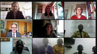 Clemens Olbrich (v. l.), Anna-Lena Schneider, Alexander Riese, Dr. Ralf Göck, Birgit Sehls, Abel Abga, Armand Abgas, Iliassa Ketbeka, Bienvenu Christophe Abga und Charles Abgas gemeinsam in der Videokonferenz.