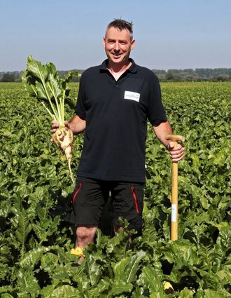 Marc Arheidt präsentiert auf einem Acker des Insultheimer Hofs eine Zuckerrübe. Diese haben vom warmen Wetter Anfang August sehr profitiert.