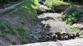 Blick von der Steinernen Brücke am Donnerstag, 8. September – das Wasser im Kriegbach ist verschwunden.