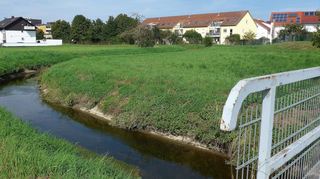 Der Landgraben fließt gemächlich in Richtung Oftersheim. Wenige Meter hinter der Brücke kommt er schließlich mit dem Leimbach zusammen.