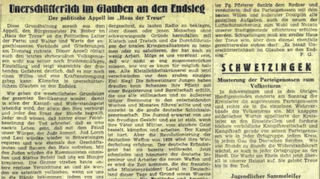 Aus der Zeitung „Hakenkreuzbanner“ vom 24. Oktober 1944 – in der Überschrift steht „Unerschütterlich im Glauben an den Endsieg“, berichtet wird über eine Veranstaltung im „Haus der Treue“.