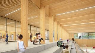 So wird die neue Sporthalle von innen aussehen. Ringsherum sind Stehplätze eingeplant; links geht es zur neuen Kulturhalle.