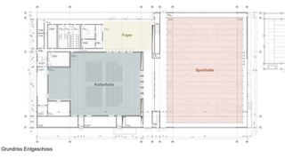 So sehen die Ersatzbauten von oben aus. Links befindet sich die Kulturhalle mit Bühne, rechts die Sporthalle, die im Untergeschoss versinkt. Im Foyer ist Platz für kleiner Veranstaltungen.