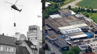 Links im Bild:&nbsp;Beim letzten großen Umbau in der Herzogstraße Anfang der 1960er Jahre wurden die Tanks mit Bundeswehr-Hubschraubern angeliefert. Rechts:&nbsp;Das Luftbild zeigt das Werksgelände an der Brauereistraße. Am oberen Bildrand sind die Grenzhöfer Straße sowie einige Betriebe im Gewerbering zu erkennen.
