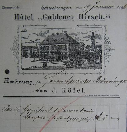 Eine Rechnung aus dem Januar 1896 vom Hotel „Goldener Hirsch“ an den damaligen Apotheker Bräuninger mit der schönen Zeichnung des Palais im Briefkopf.