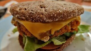 Mahlzeit! Der vegane Burger schmeckt und macht richtig satt.