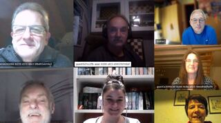 Beim Vereinsstammtisch der TSG begrüßte Petra Meyer (unten r.) Vertreter der Tanzfreunde, der Sportvereinigung 06, des Tennisclubs, des Tischtennisclubs, des Schachclubs sowie der Narrhalla via Skype online.