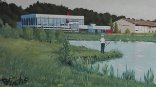 Diese Zeichnung von Heimatforscher Robert Fuchs zeigt den ungehinderten Blick auf das Hallenbad und die Rheinhalle vom Anglersee aus.