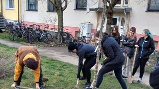 Beim Bäumepflanzen in Aktion: Claudia Sander (v. l.), Andy Lin, Isabelle Reffert, Charlotte Conrad, Lucia Ballestero Braun und Annabelle Philipp.