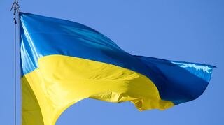 Die Sonne scheint auf Hunderte ukrainische Fahnen, die zum Protest gegen die russische Invasion in der Ukraine aufgestellt wurden.