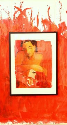 Agnes Pschorn und ihr Werk „Tanz auf dem Vulkan“ – Acryl auf Leinwand.