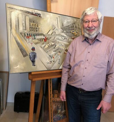 Dieter Köster in seiner „Pinselwerkstatt“ in Mühlhausen, in der seine Werke entstehen, in der Ruhe und Muse für seine Leiden- schaft, für das Malen findet.