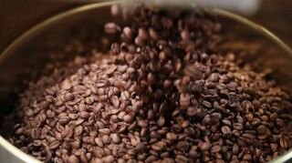 Der fertig geröstete Kaffee wird nach dem Entsteinen in Zehn-Kilogramm-Eimer umgefüllt und zur nächsten Station gefahren – dem Abfüllen in die Verpackungen.