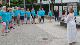 Die „SchwetSingers“ unter der Leitung von Elena Spitzner (weißes Kleid) versüßen hier im Vorjahr mit ihrem Auftritt die Fête de la musique in Schwetzingen. Sie werden auch im Lutherhaus am Sonntag mit dabei sein.