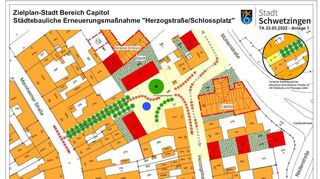 Dieser Plan zeigt das betreffende Gebiet. Links ist die Mannheimer Straße zu sehen, von der ein Durchgang (grüne Punkte) zur Herzogstraße führen soll. Rot markiert sind künftige Wohngebäude. Vor dem Capitol (rechts, rot umrandet) soll ein Platz angelegt werden. Der große grüne Kreis stellt den bereits dort stehenden Nussbaum dar, der kleine blaue einen Brunnen.