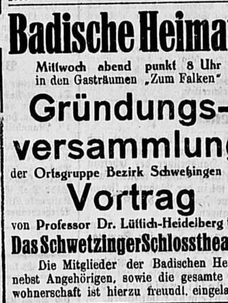 Die Annonce zur Gründungsver-sammlung der Ortsgruppe Bezirk Schwetzingen im „Falken“ am 7. März 1922.