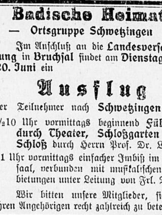Bei der Landesversammlung in Bruchsal am 20. Juni 1922 führt ein Ausflug in den Schlossgarten Schwetzingen. Es gibt einen einfachen Imbiss im Jagdsaal.