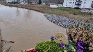 Die Ahr in ihrem Flussbett. Am Ufer rechts sind neue Befestigungen auszumachen.