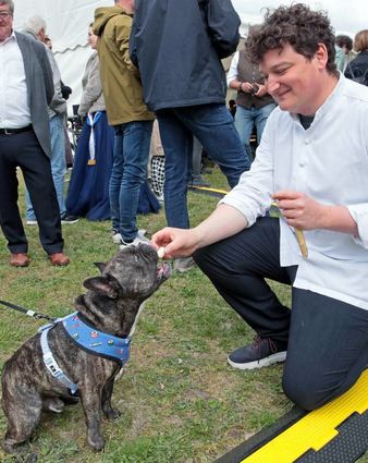 Hund „Buddy“ frisst Spargel aus der Hand seines Herrchens Benjamin Peifer,