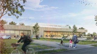 Eine animierte Außenansicht der Hallen im neuen Kultur- und Sportquartier Westend. Viel Glas soll für eine große Offenheit der Halle sorgen.