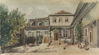 Das Ysenburgsches Palais, das Wohnhaus der Bassermanns in der Forsthausstraße in Schwetzingen. Dieses Aquarell stammt von Mina Bassermann. Es befindet sich heute noch in Familienbesitz.