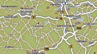 Dieser Kartenauszug zeigt Schrobenhausen und Karlshuld, die unser Redakteur Andreas Lin per Regionalbahn und Bus erreichen möchte.