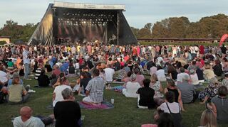 So sieht relaxte Musik-im-Park-Atmosphäre aus: Bei Bilderbuch-Sommerwetter haben alle Besucher gute Sicht auf die Bühne, ob auf der Wiese sitzend und liegend oder näher am Geschehen.