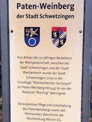 Das steht auf dem Schild des Schwetzinger Paten-Weinbergs.